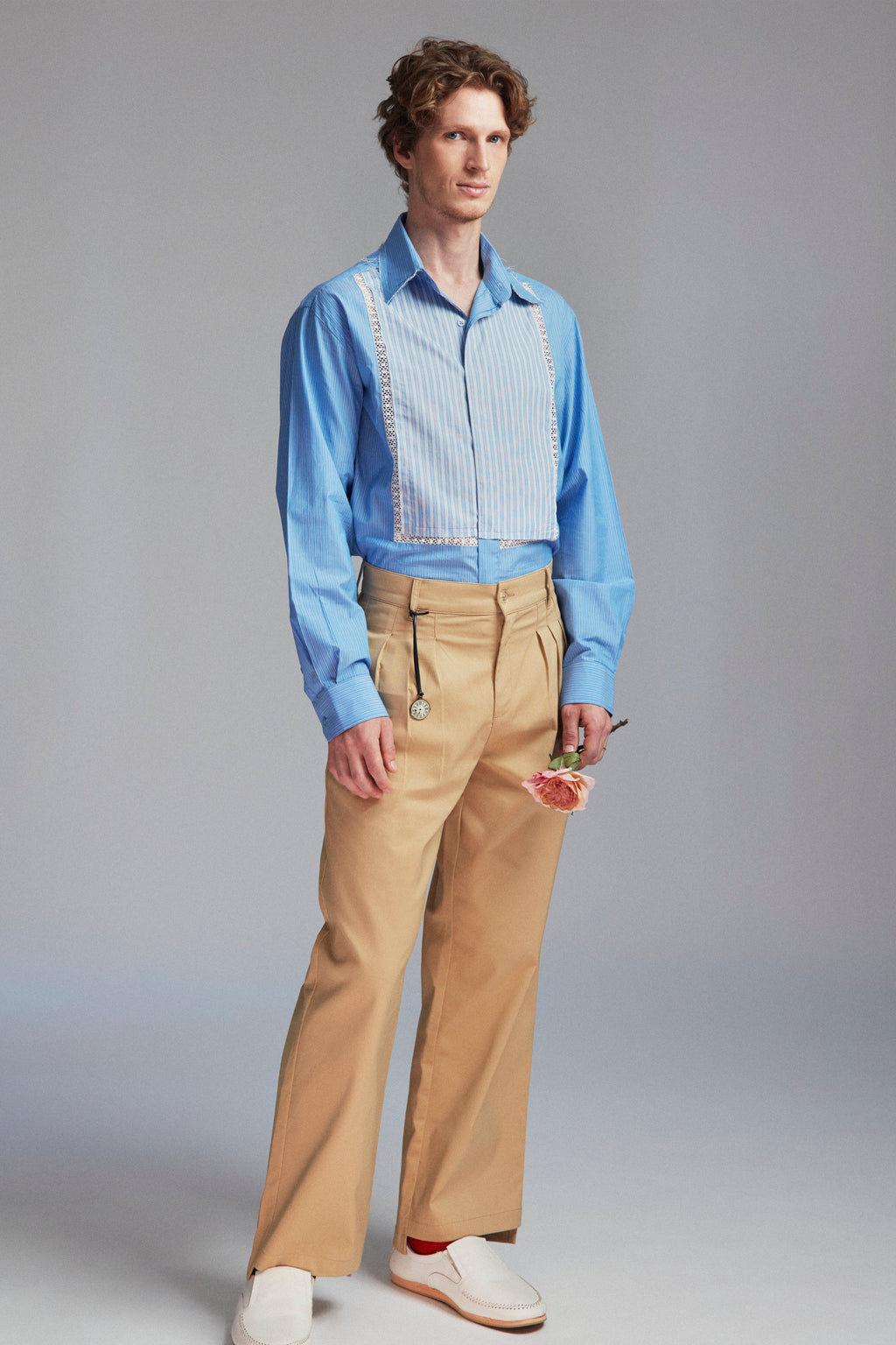 Mens striped shirt with bib-front, raw collar and lace inserts