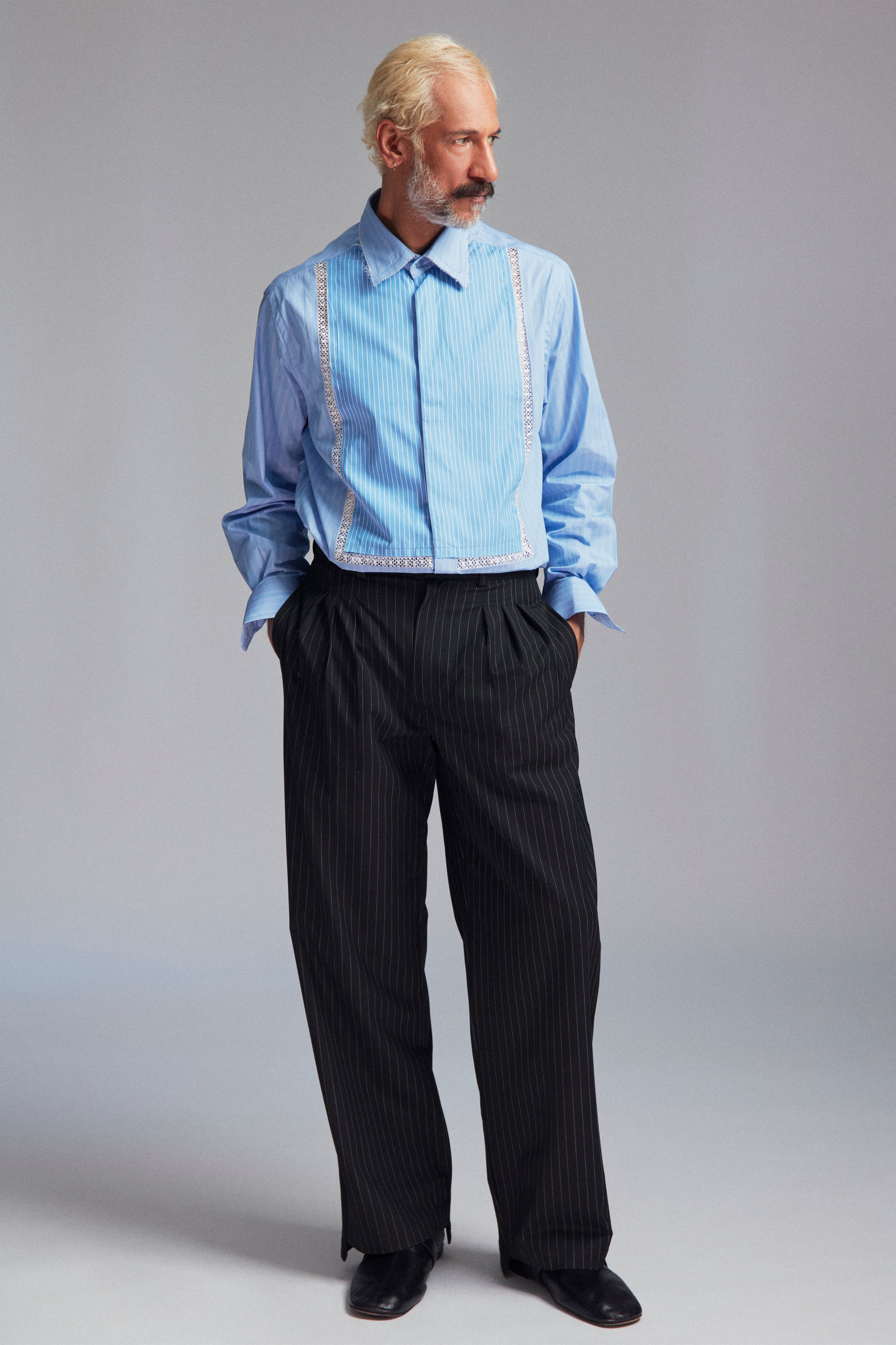Mens striped shirt with bib-front, raw collar and lace inserts