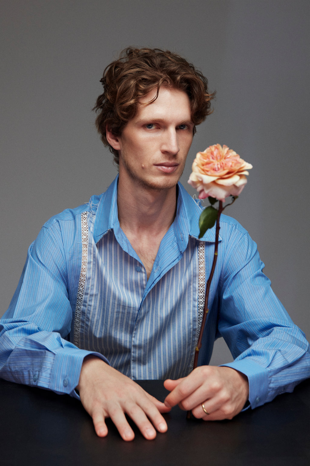 Mens striped shirt with bib-front, raw collar and lace inserts