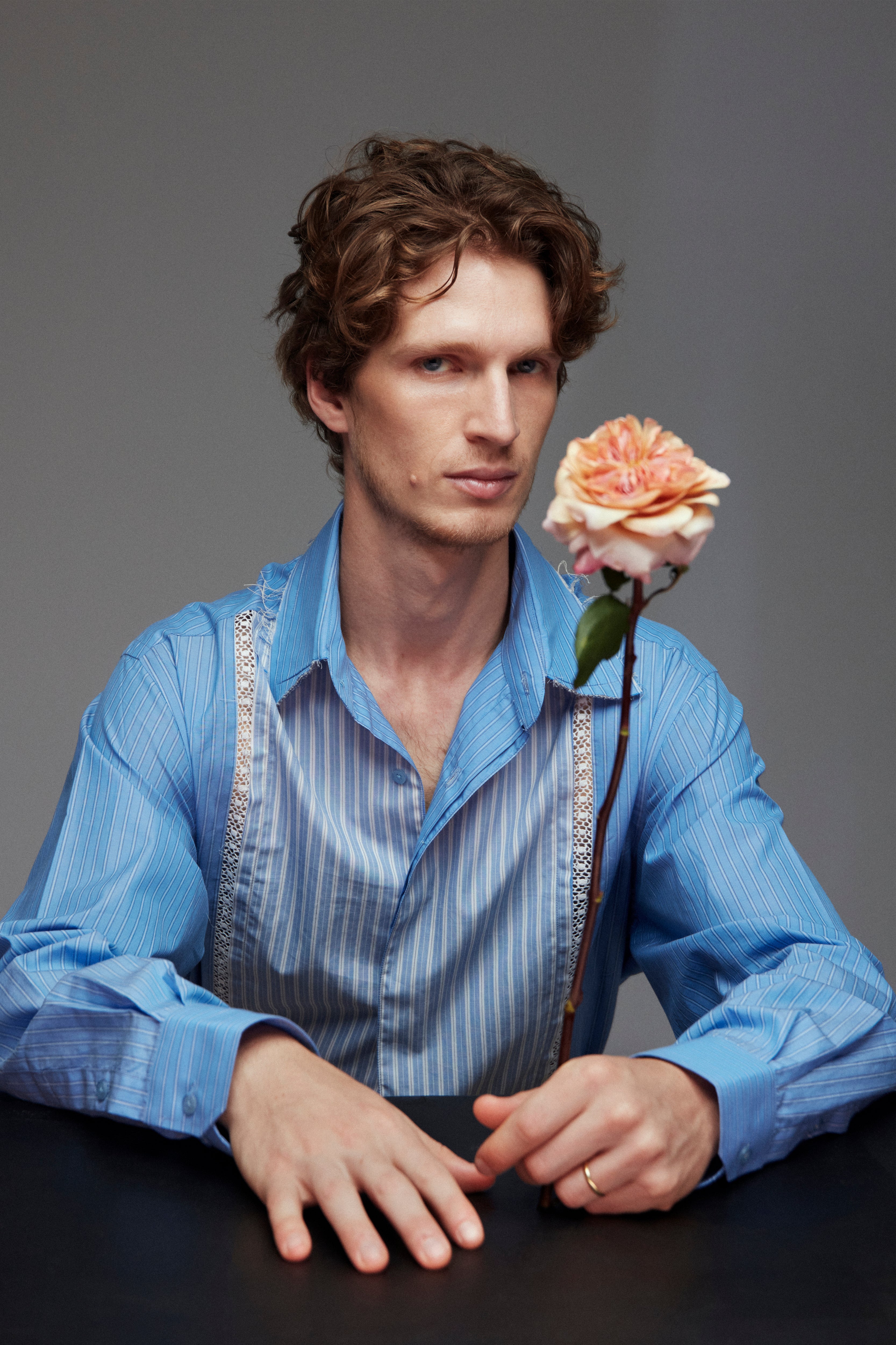 Mens striped shirt with bib-front, raw collar and lace inserts