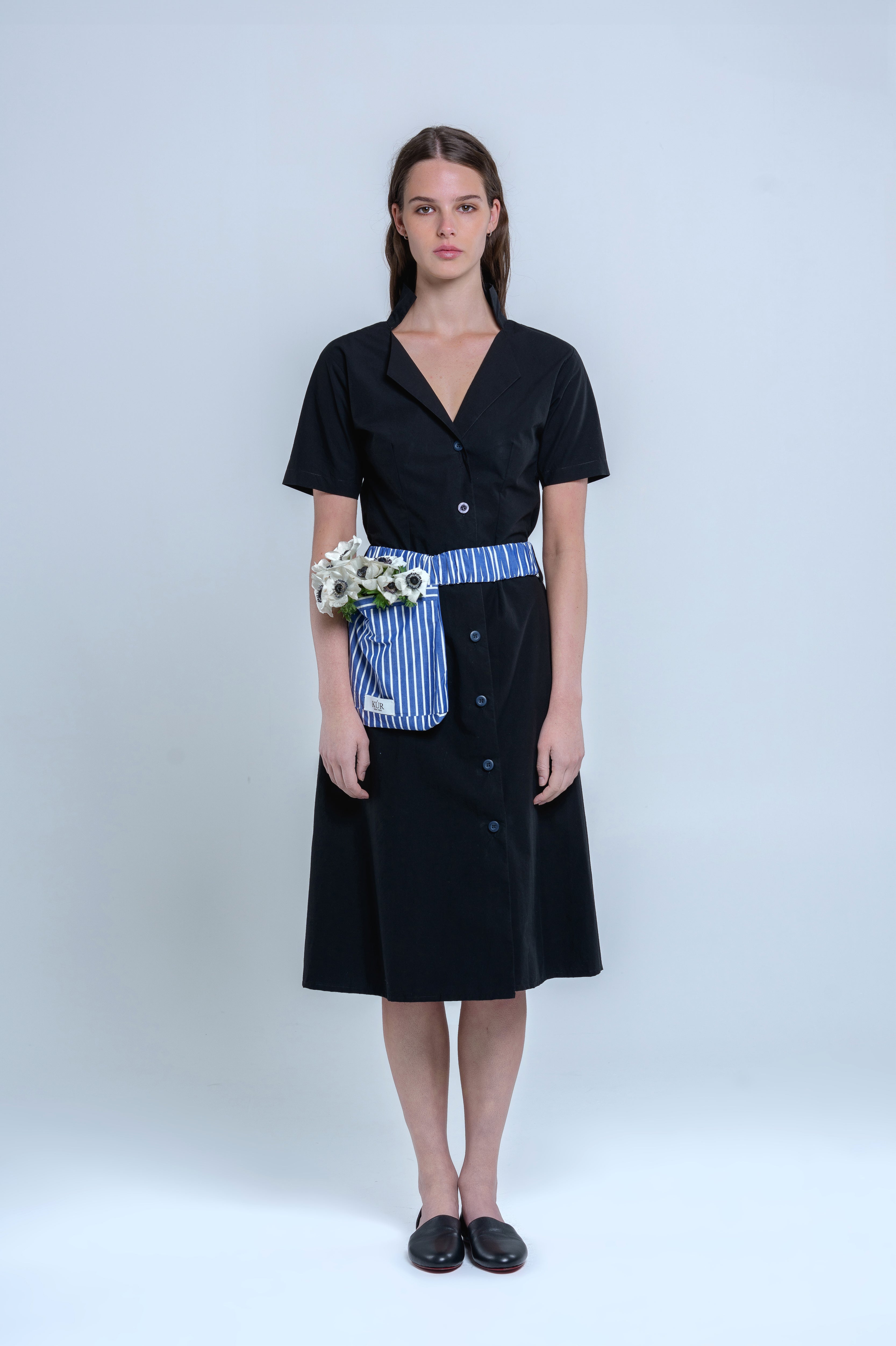 Asymmetrical utility dress with detachable pouch bag